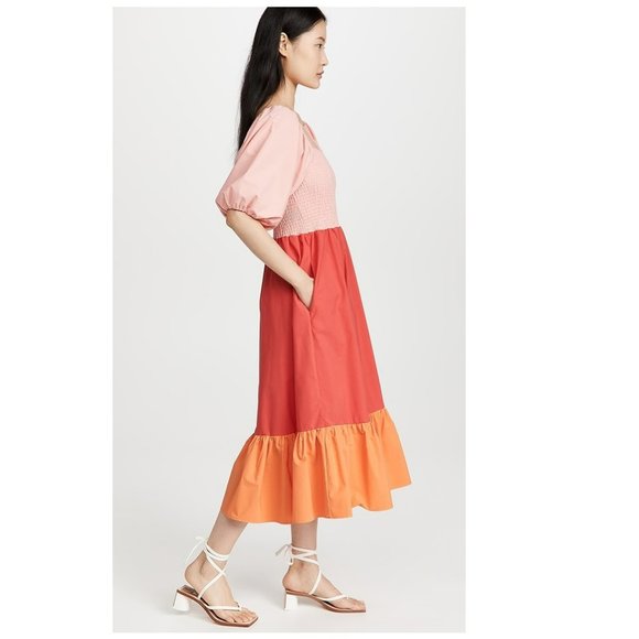 RHODE Eloise Colorblock Smocked Strawberry Multi Midi Dress - Picture 7 of 16